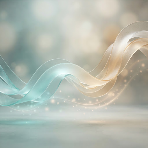 Layered translucent curves in sage and teal, evoking emotional trends over time