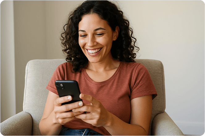 Happy 30 years old woman sitting in chair, she has a phone in her hands. Photo