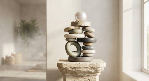 Anillos de equilibrio de cerámica y piedra apilados sobre un pedestal de piedra entre una bruma suave