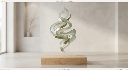 Escultura fluida de vidrio esmerilado salvia y cintas de latón cepillado entrelazadas en equilibrio