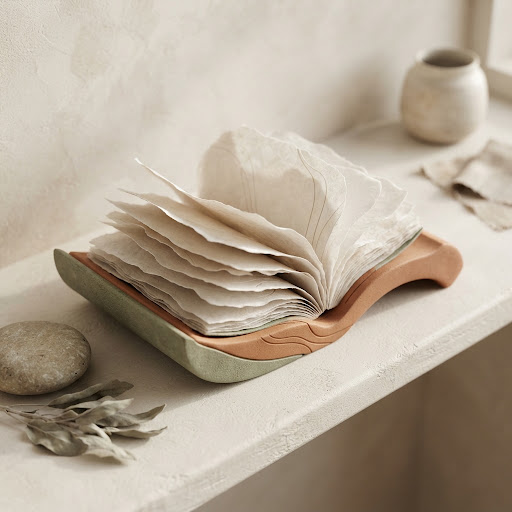 Soft sculptural forms in sage green and ivory, evoking an open, unhurried page