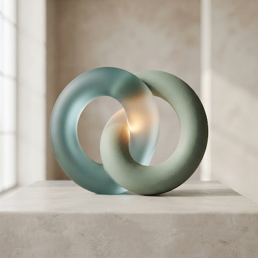 Layered translucent forms in sage and teal, evoking a written reflection answering back