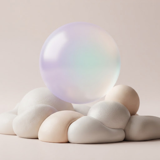 Escultura 3D minimalista con una esfera translúcida iridiscente sobre formas cerámicas suaves