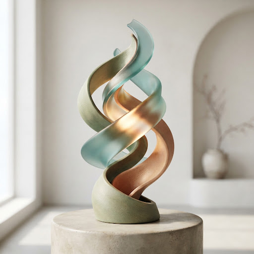 Escultura 3D abstracta en tonos iridiscentes, que evoca un diálogo continuo y adaptable