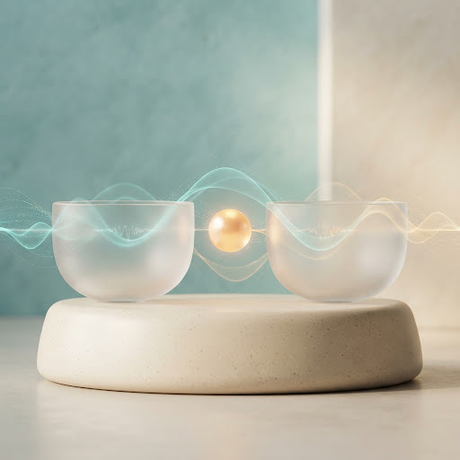 Resonant acoustic bowls arranged around a softly glowing pearl