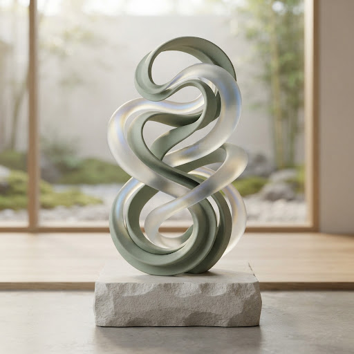 Flowing sculpture of sage frosted glass and glass ribbons in balance